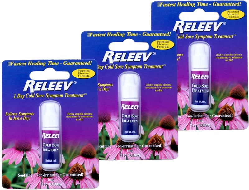 Releev 1 Day Cold Sore Symptom Relief, Soothing Non-Irritating Patented Viracea Formula, 1 ml (Pack of 3) - Image 1